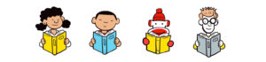 Three cartoon children and sidekick reading books