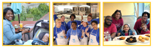 a group of volunteers preparing a meal and and families enjoying food