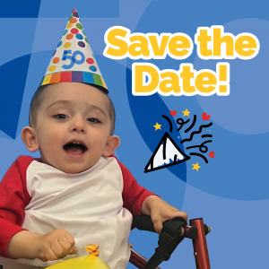 boy with party hat on with the words "Save the Date!"