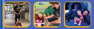 three photos of a father with a young child playing