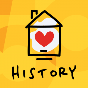 drawing of a house with a heart and the word "history"