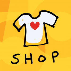 drawing of a shirt with a heart on it with the words "SHOP" under it