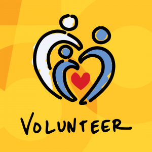 drawing of people with a heart and the word "volunteer"
